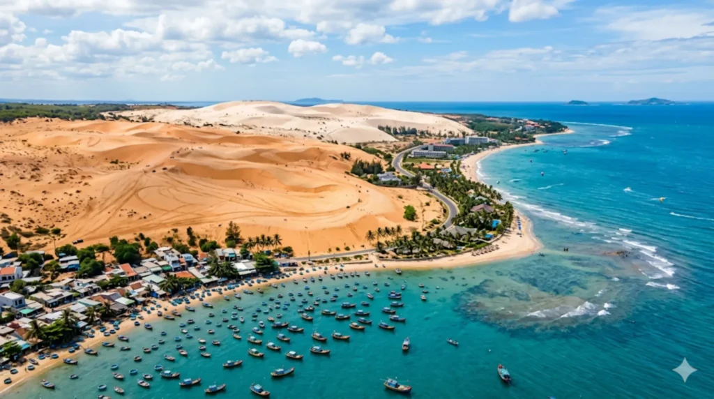 Panoramic view of Mui Ne beach and the upcoming Phan Thiet Airport project in 2026