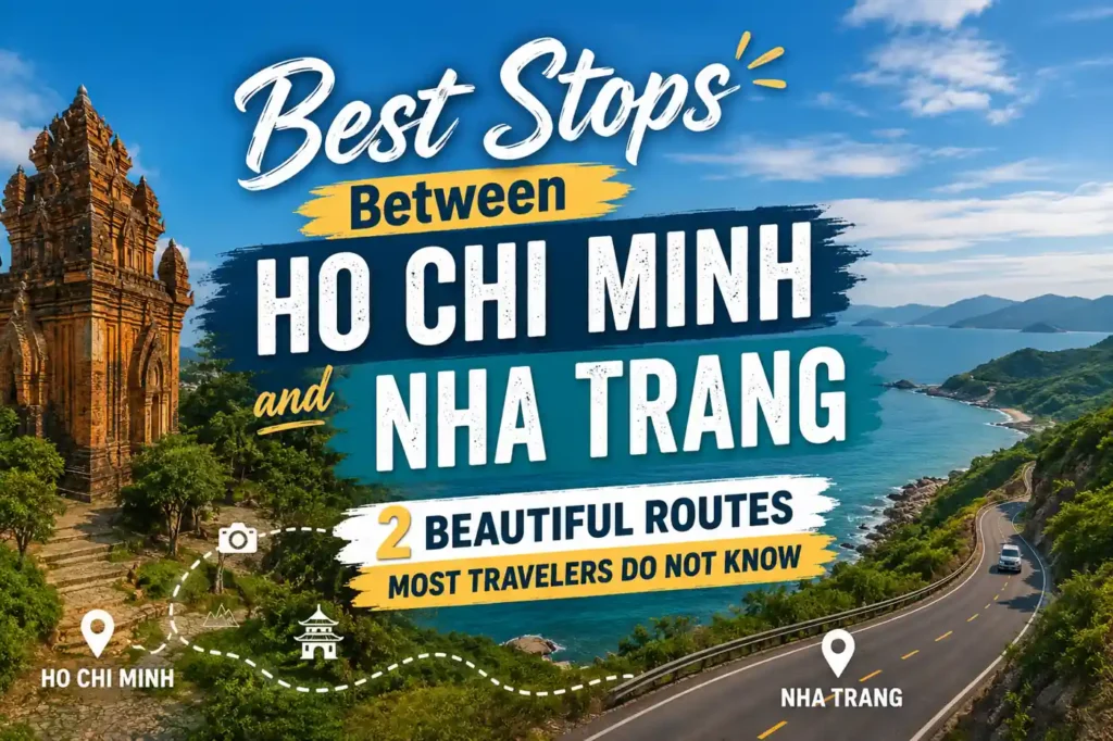 Scenic coastal road and travel stops between Ho Chi Minh City and Nha Trang in Vietnam